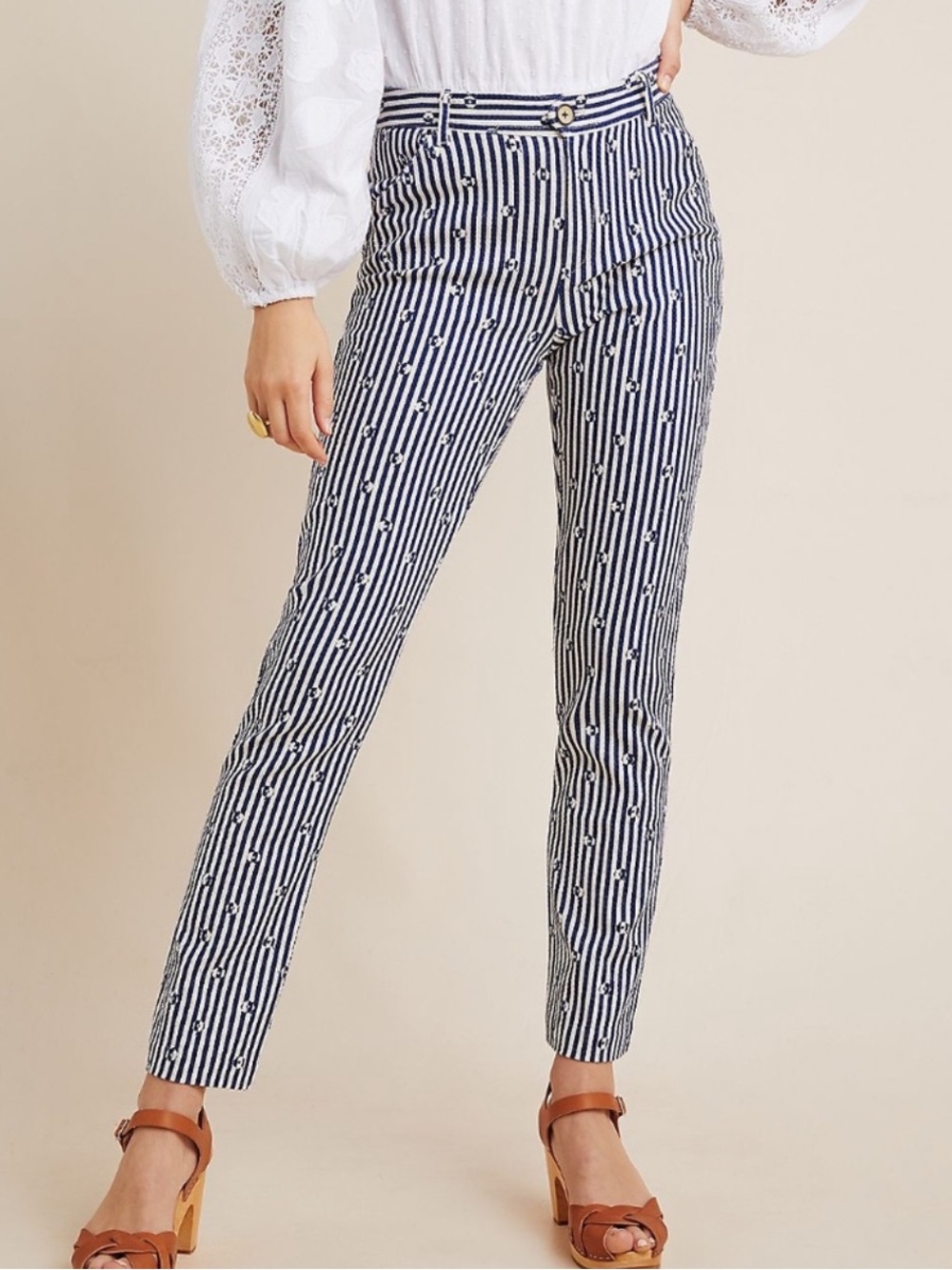 ANTHROPOLOGIE WOMENS ESSENTIAL SLIM TROUSER PANT BLUE WHITE FLORAL 12